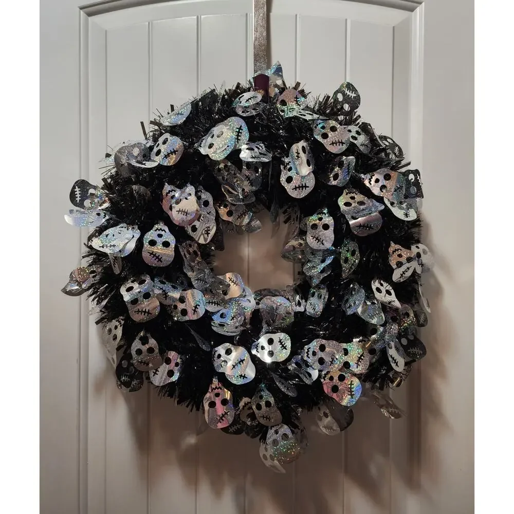 Halloween Tinsel Wreath Black with Silver Skeletons Door Decor 19